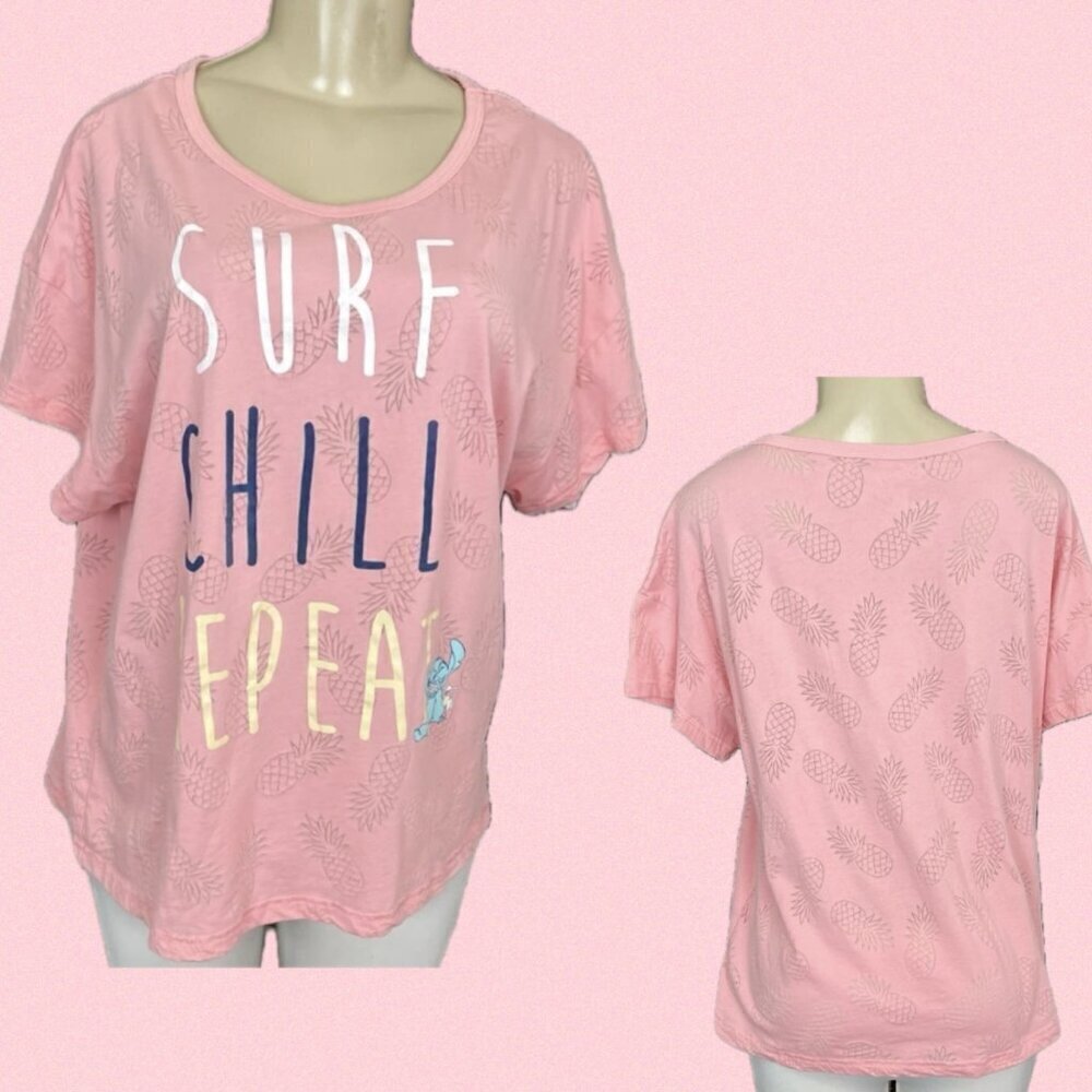 Disney XL Pink Lilo & Stitch Pineapple Surf Beach Graphic Short Sleeve T-Shirt